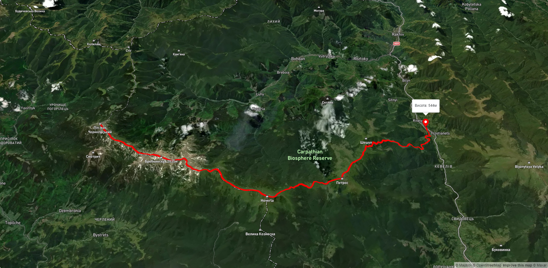 г. Піп Іван Чорногірський, через г. Говерла, г. Петрос до с. Кваси