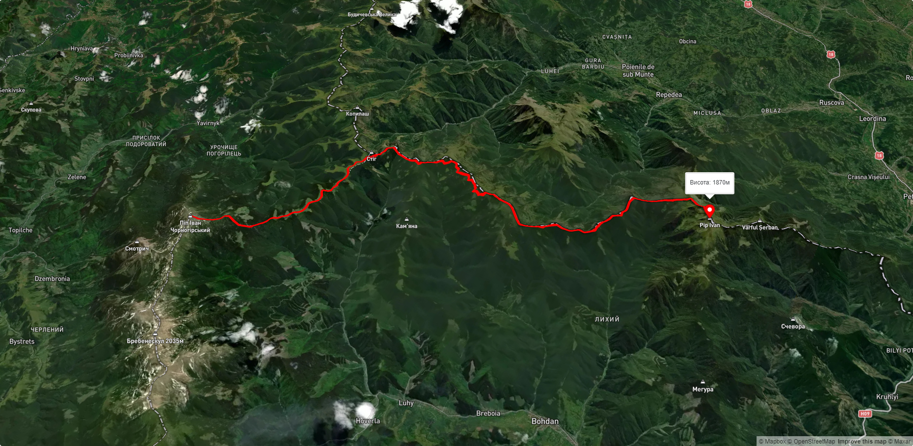 г. Піп Іван Чорногірський, через г. Стіг, г. Мала Ненєска до г. Піп Іван Мармароський