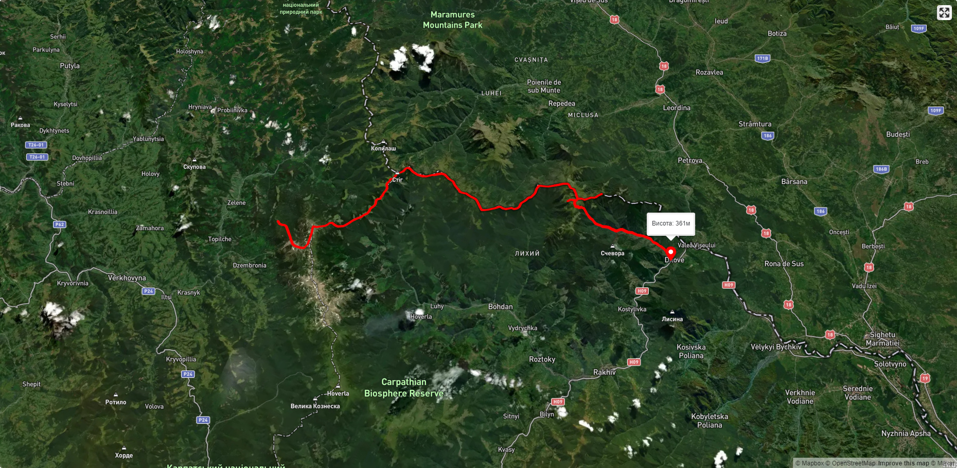 г. Стайки, через г. Піп Іван Чорногірський, г. Стіг, г. Піп Іван Мармароський до с. Ділове