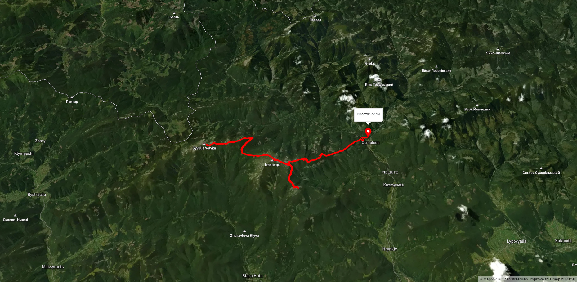 г. Велика Сивуля, через г. Боревка, г. Ігровець, г. Висока, г. Середня до с. Осмолода