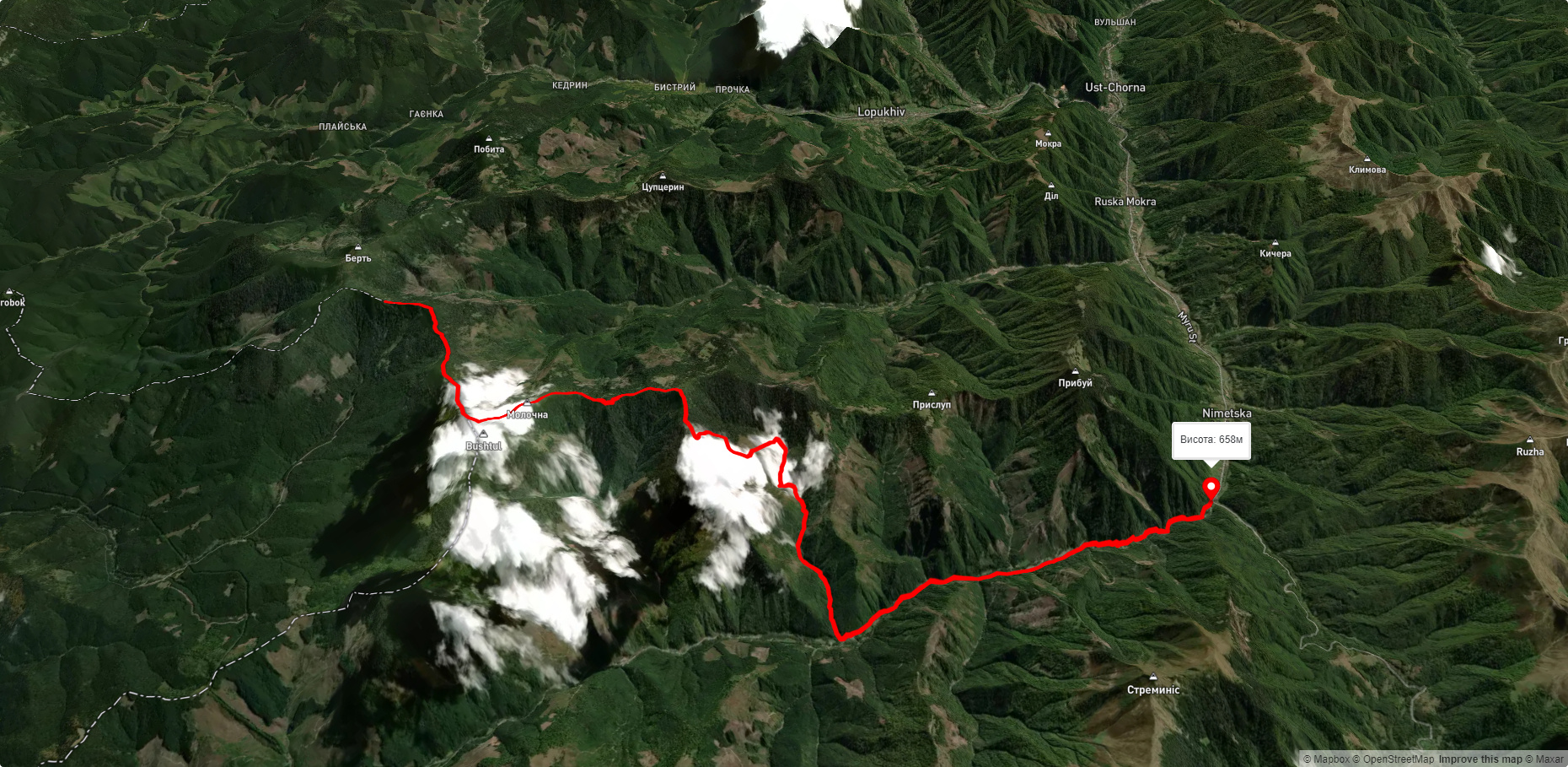 хр. Берть, через г. Буштул до с. Німецька Мокра