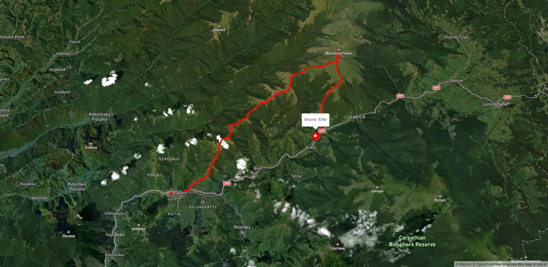 м. Рахів, через г. Близниця до с. Кваси