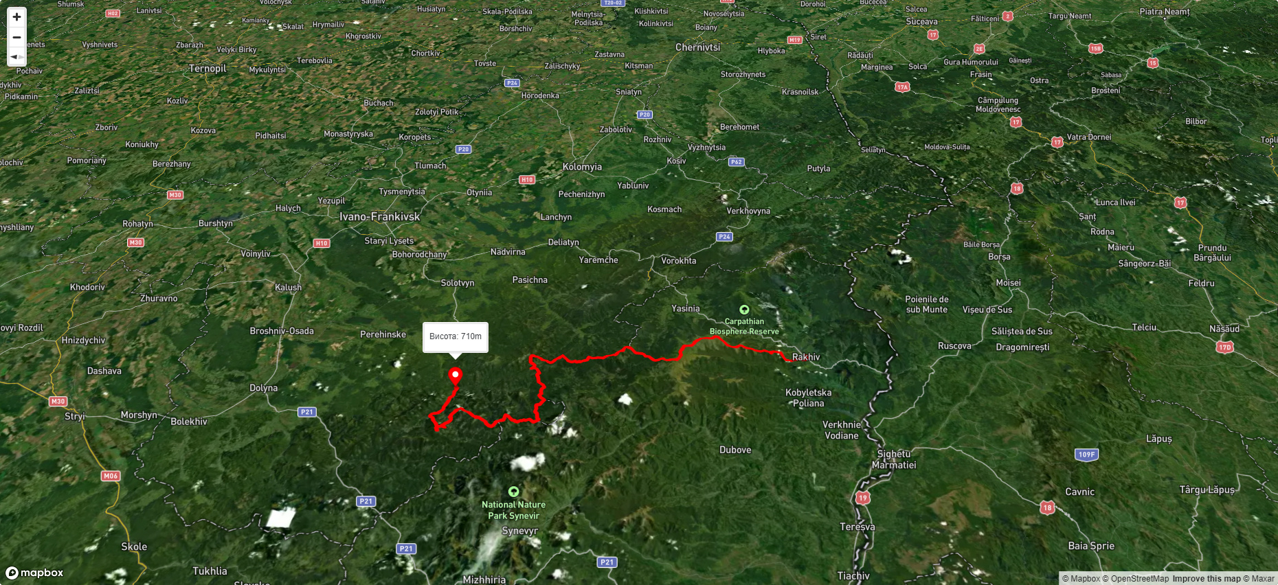 м. Рахів, через г. Близниця, г. Трояска, г. Братківська до с. Осмолода