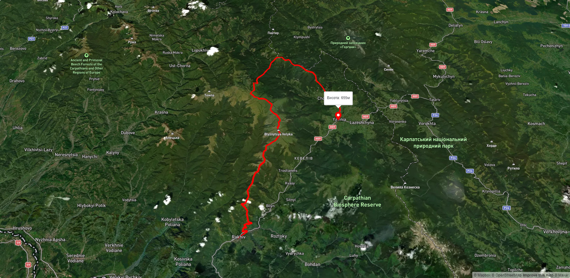 м. Рахів, через г. Близниця, г. Трояска, г. Татарука, г. Братківська, г. Чорна Клева, с. Чорна Тиса до смт. Ясіня