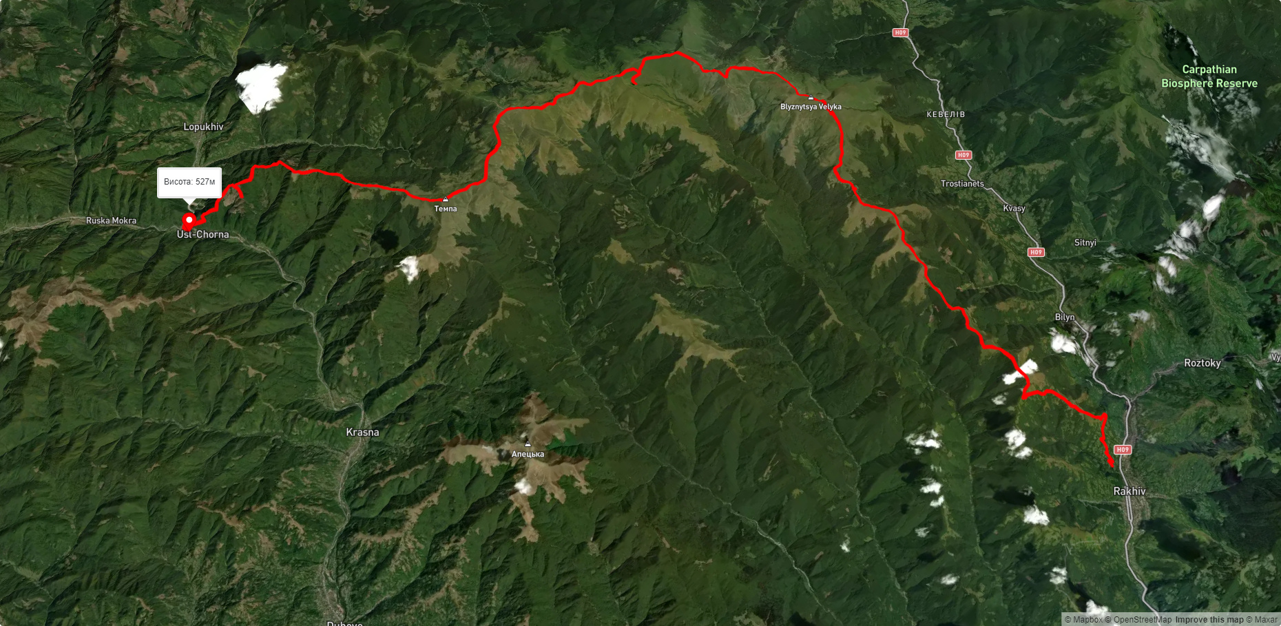 м. Рахів, через г. Близниця, г. Унгаряска, г. Темпа до с. Усть-Чорна