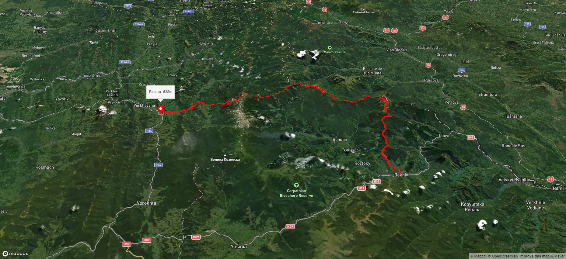 м. Рахів, через г. Піп Іван Мармароський, г. Міка-Маре, г. Піп Іван Чорногірський до с. Ільці