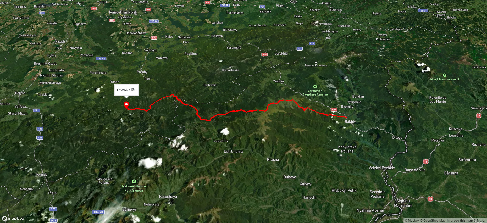 м. Рахів, через хр. Свидовець, хр. Братківський, Сивулянський хр., хр. Ігровище до с. Осмолода