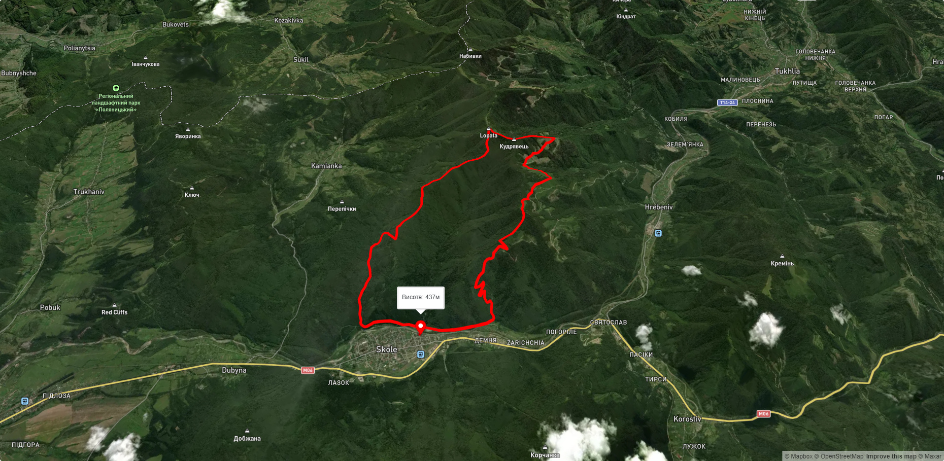 м. Сколе, через г. Кудрявець, г. Лопата до м. Сколе