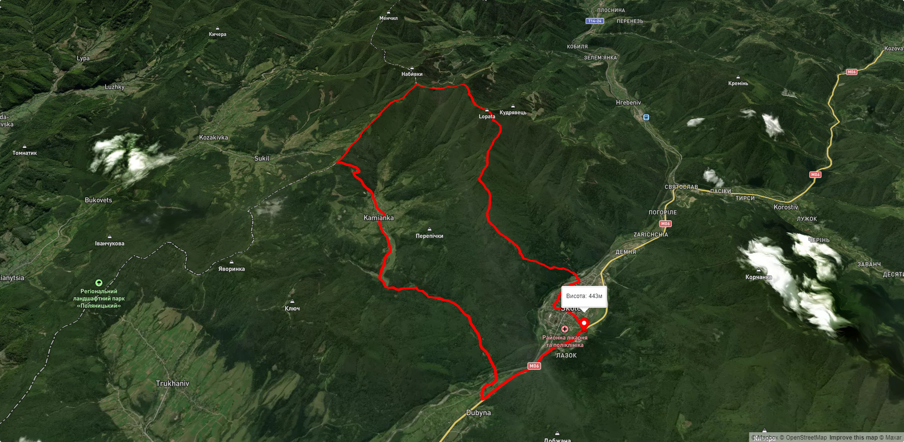 м. Сколе, через г. Лопата, г. Хом, с. Кам'янка, вдсп. Кам'янка, с. Дубина до м. Сколе