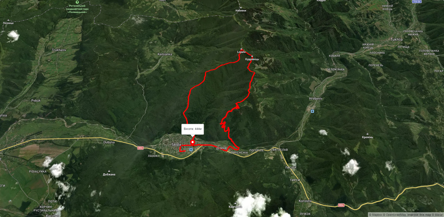 м. Сколе, через г. Лопата, г. Кудрявець, через с. Демня до м. Сколе