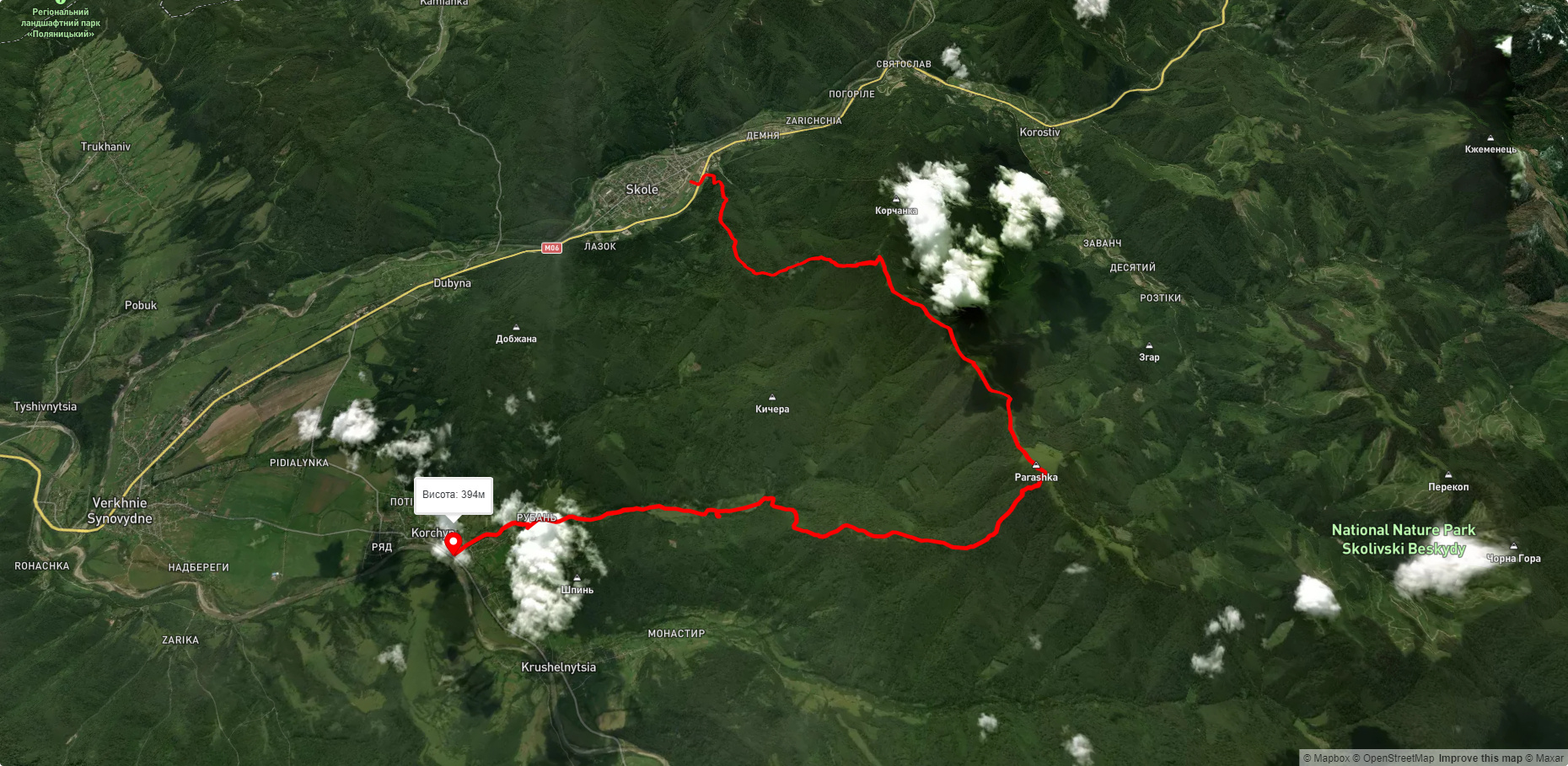 м. Сколе, через г. Парашка, вдсп. Гуркало до с. Корчин