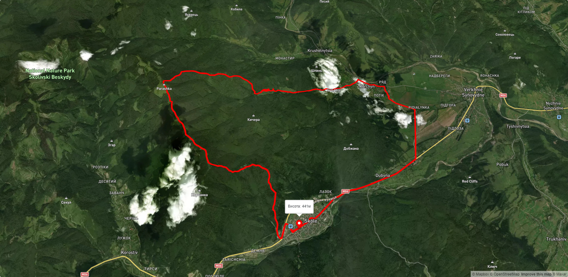 м. Сколе, через г. Парашка, вдсп. Гуркало, с. Корчин до м. Сколе