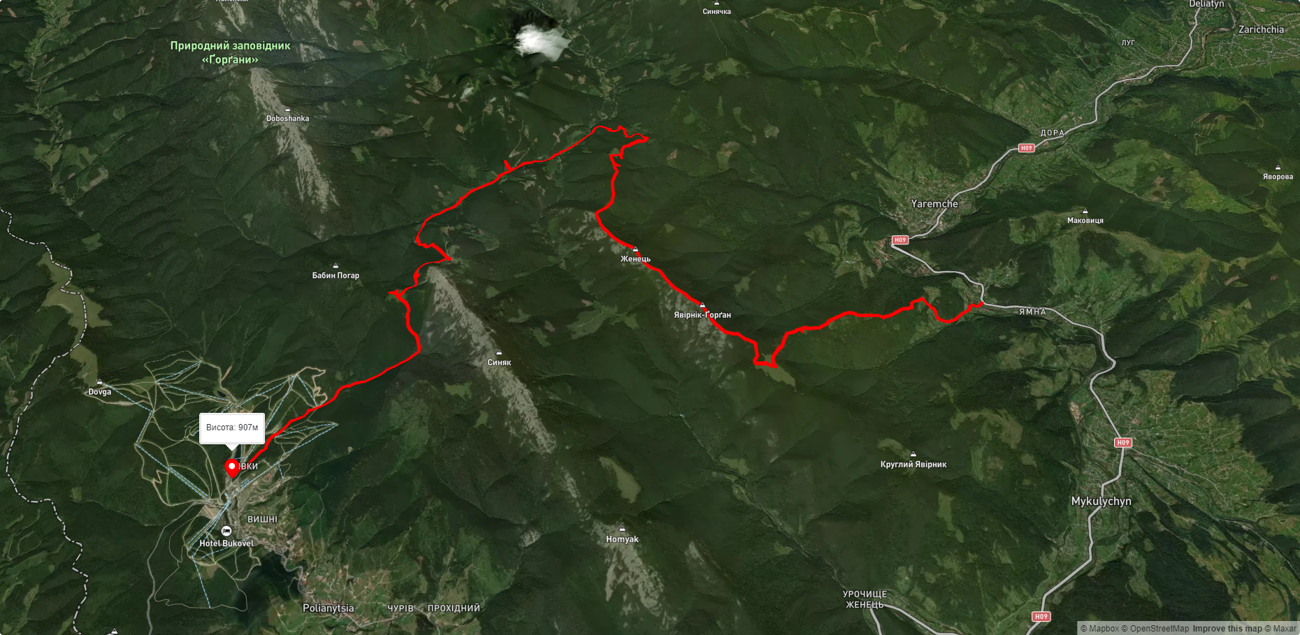 м. Яремче, через г. Явірник до с. Поляниця (Буковель)