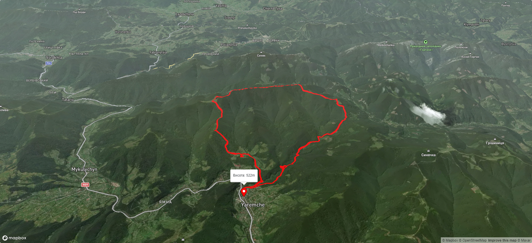 м. Яремче, через хр. Явірник, вдсп. Дівочі Сльози до м. Яремче