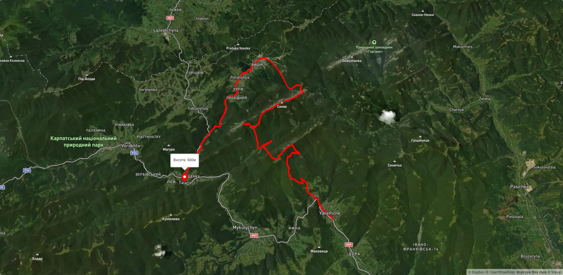 м. Яремче, через хр. Явірник, вдсп. Женецький Гук, г. Хом'як, г. Синяк, г. Малий Горган, с. Поляниця до с. Татарів