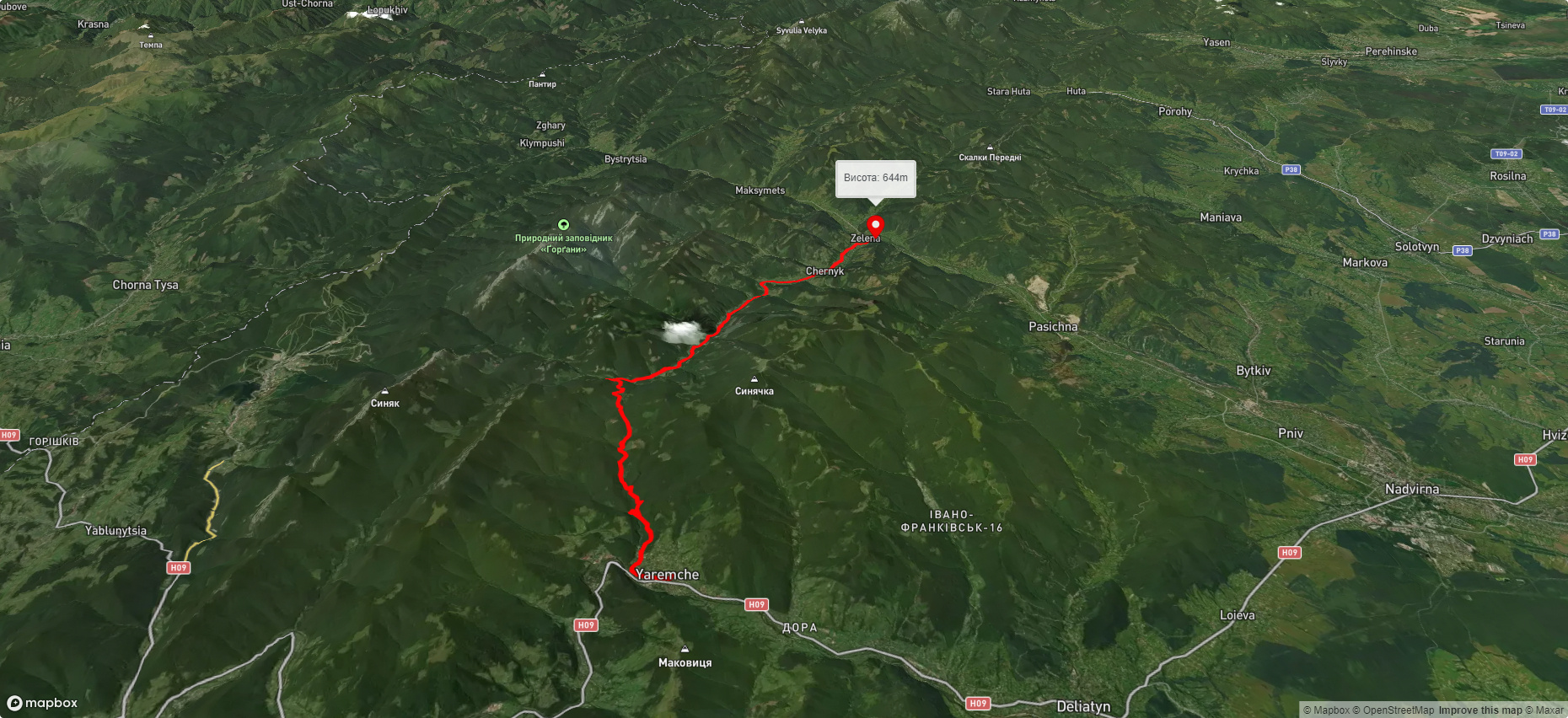 м. Яремче, через вдсп. Дівочі Сльози, пер. Пересліп до с. Зелена