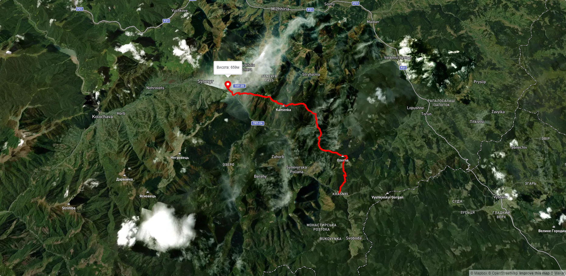 оз. Синевир, через г. Озерна, г. Кам'янка до с. Синевир
