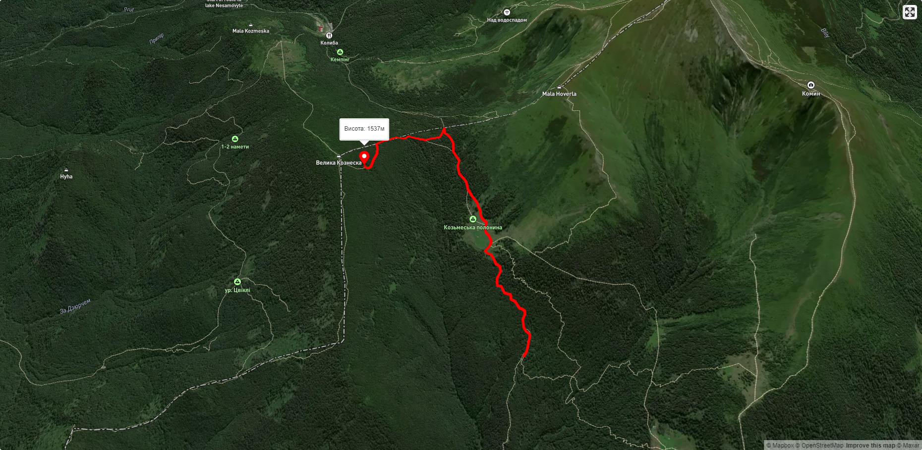Роздоріжжя із зеленим маршрутом ― пол. Козьмеска ― цвинтар ПСВ