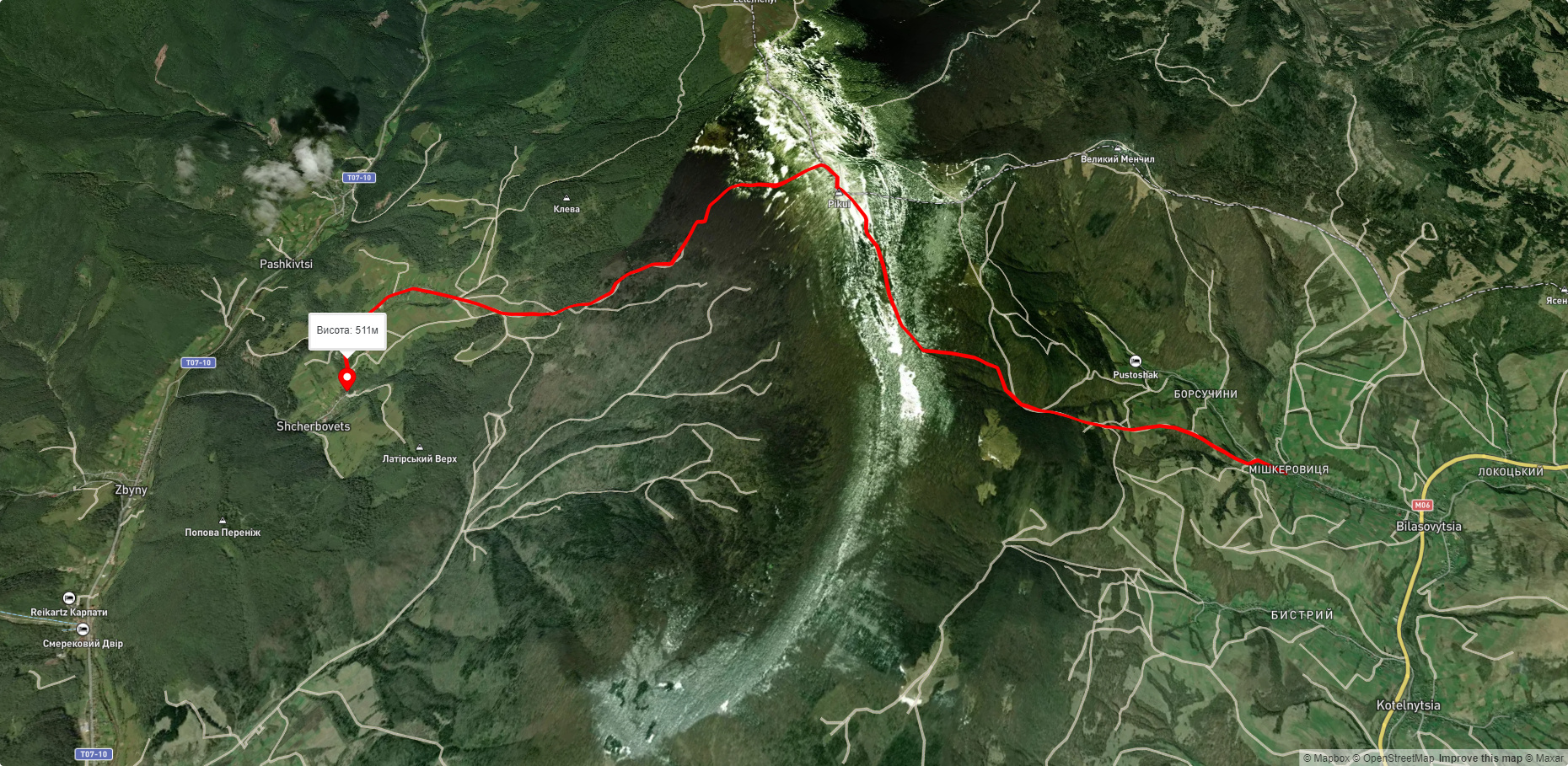 с. Біласовиця, через г. Пікуй до с. Щербовець