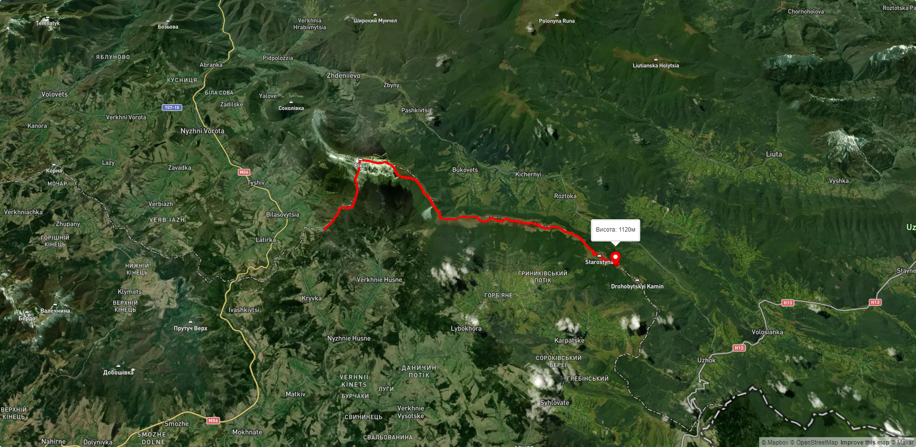 с. Біласовиця, через г. Пікуй, г. Великий Верх до г. Старостина