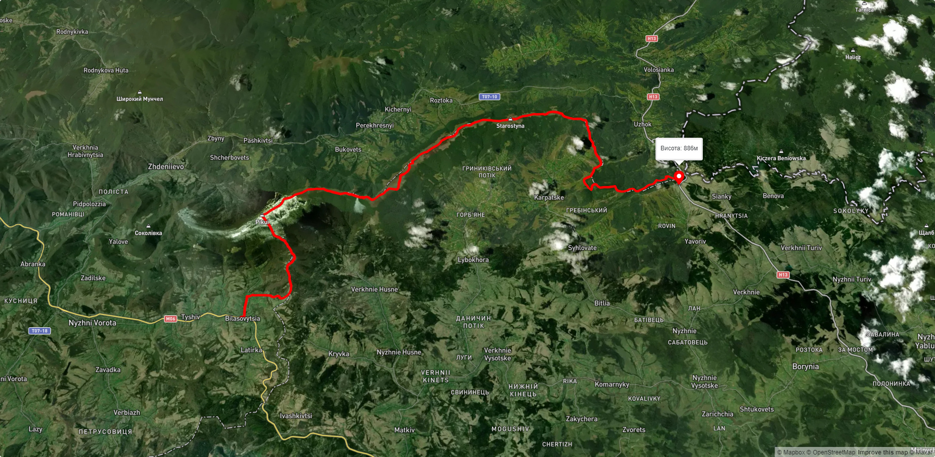 с. Біласовиця, через г. Пікуй, перевал Руська Путь, г. Дрогобицький Камінь до с. Сянки