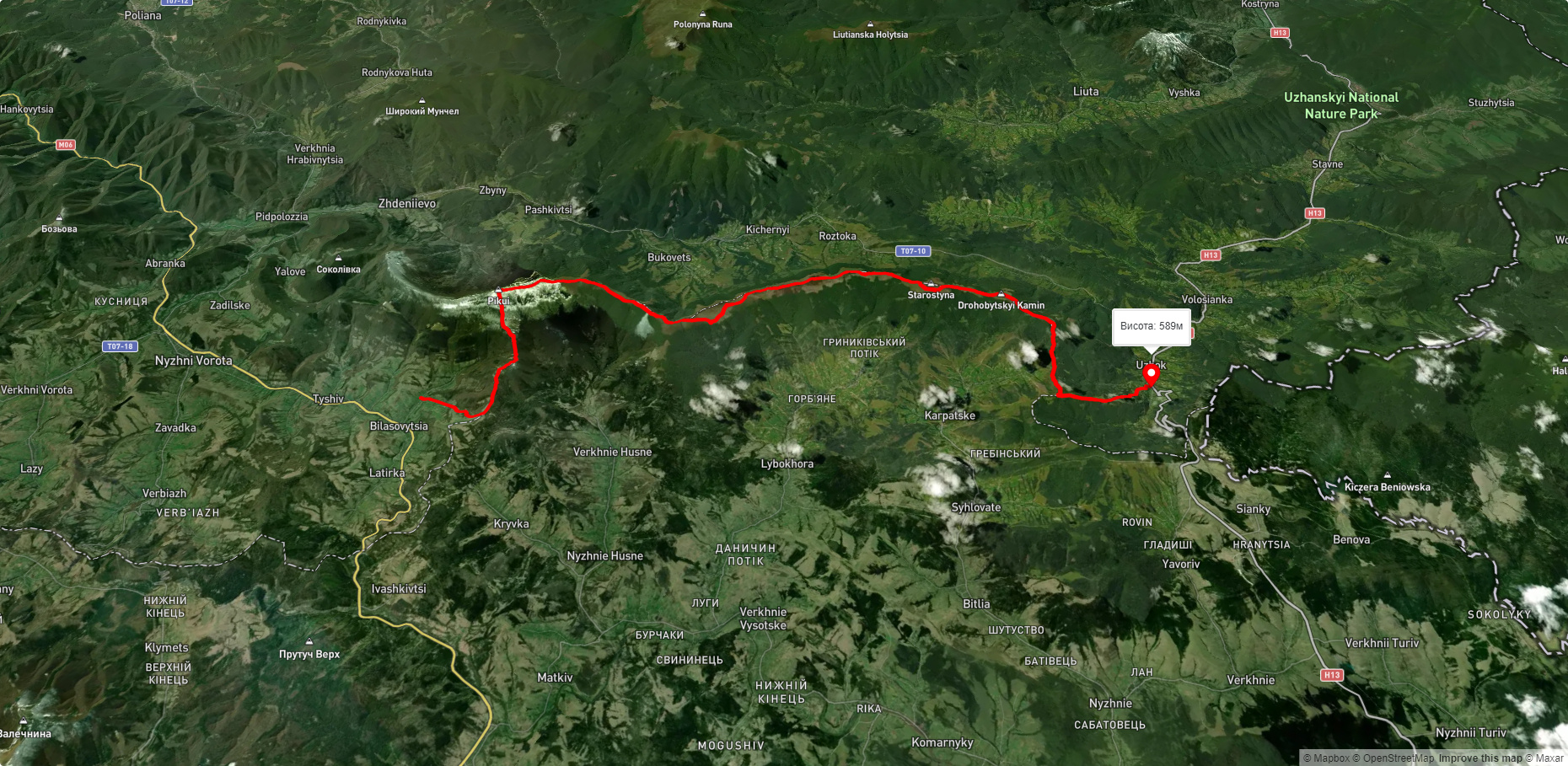 с. Біласовиця, через г. Пікуй, перевал Руська Путь, г. Дрогобицький Камінь до с. Ужок