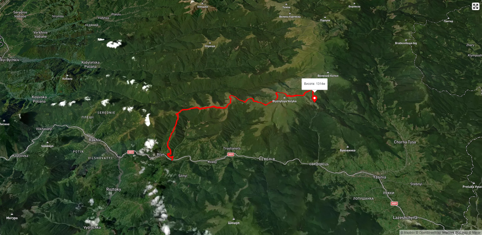 с. Білин, через г. Близниця, г. Стіг до Драгобрату