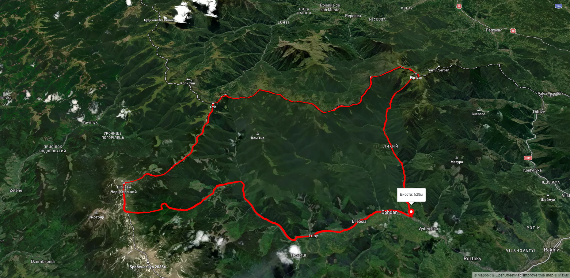 с. Богдан, через г. Піп Іван Мармароський, г. Міка-Маре, г. Піп Іван Чорногірський, с. Луги до с. Богдан