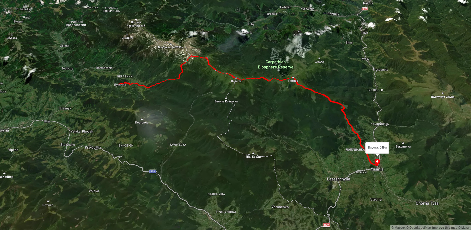 с. Бистрець, через г. Шпиці, г. Говерла, г. Петрос до смт. Ясіня