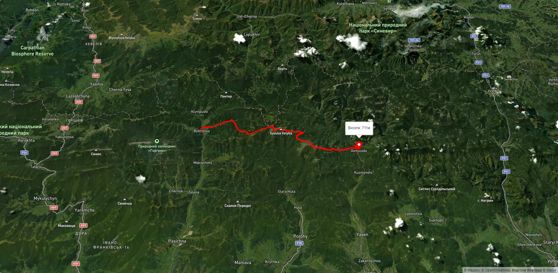 с. Бистриця, через г. Боярин, г. Сивуля, г. Ігровець, г. Висока до с. Осмолода