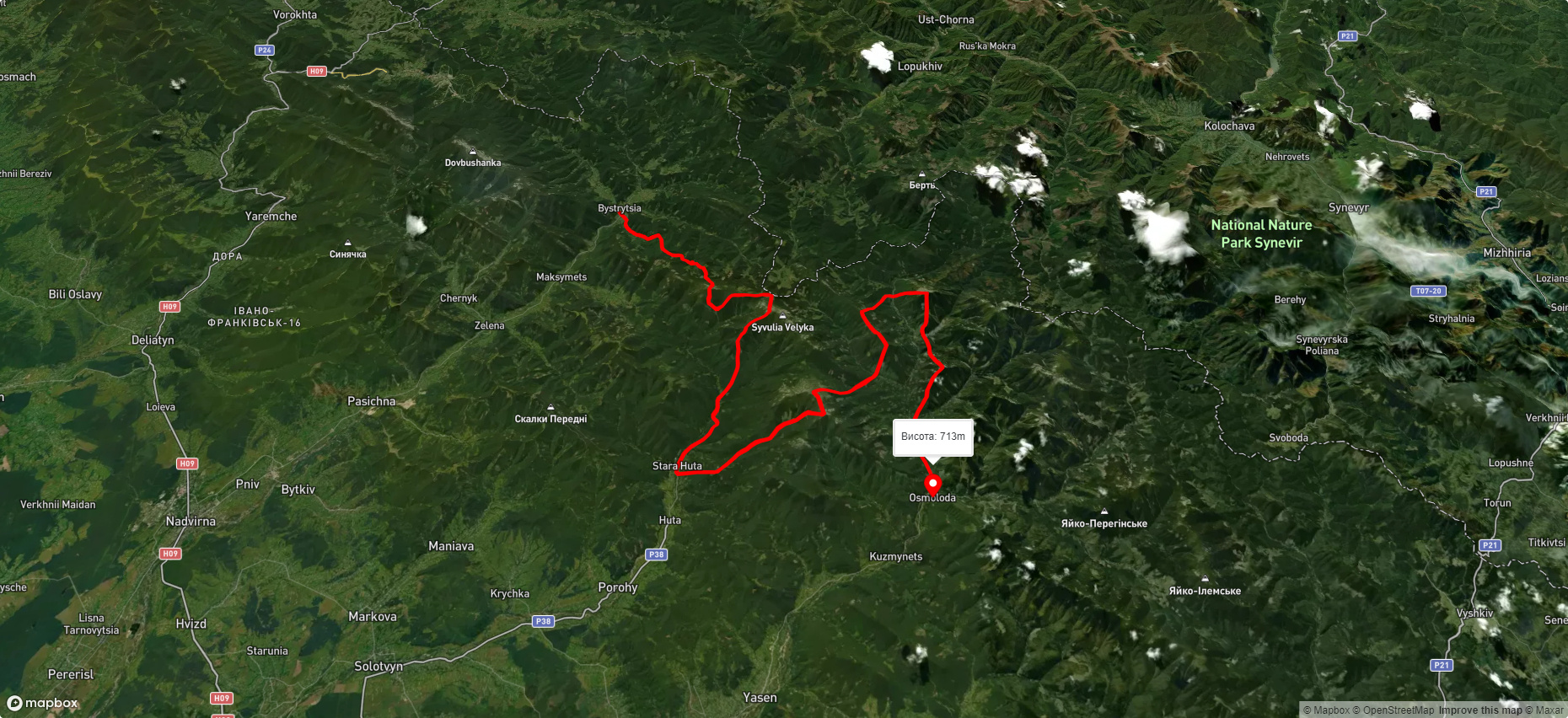 с. Бистриця, через г. Боярин, г. Сивуля, с. Стара Гута, г. Висока, г. Ігровець, с. Осмолоода до с. Кузьминець