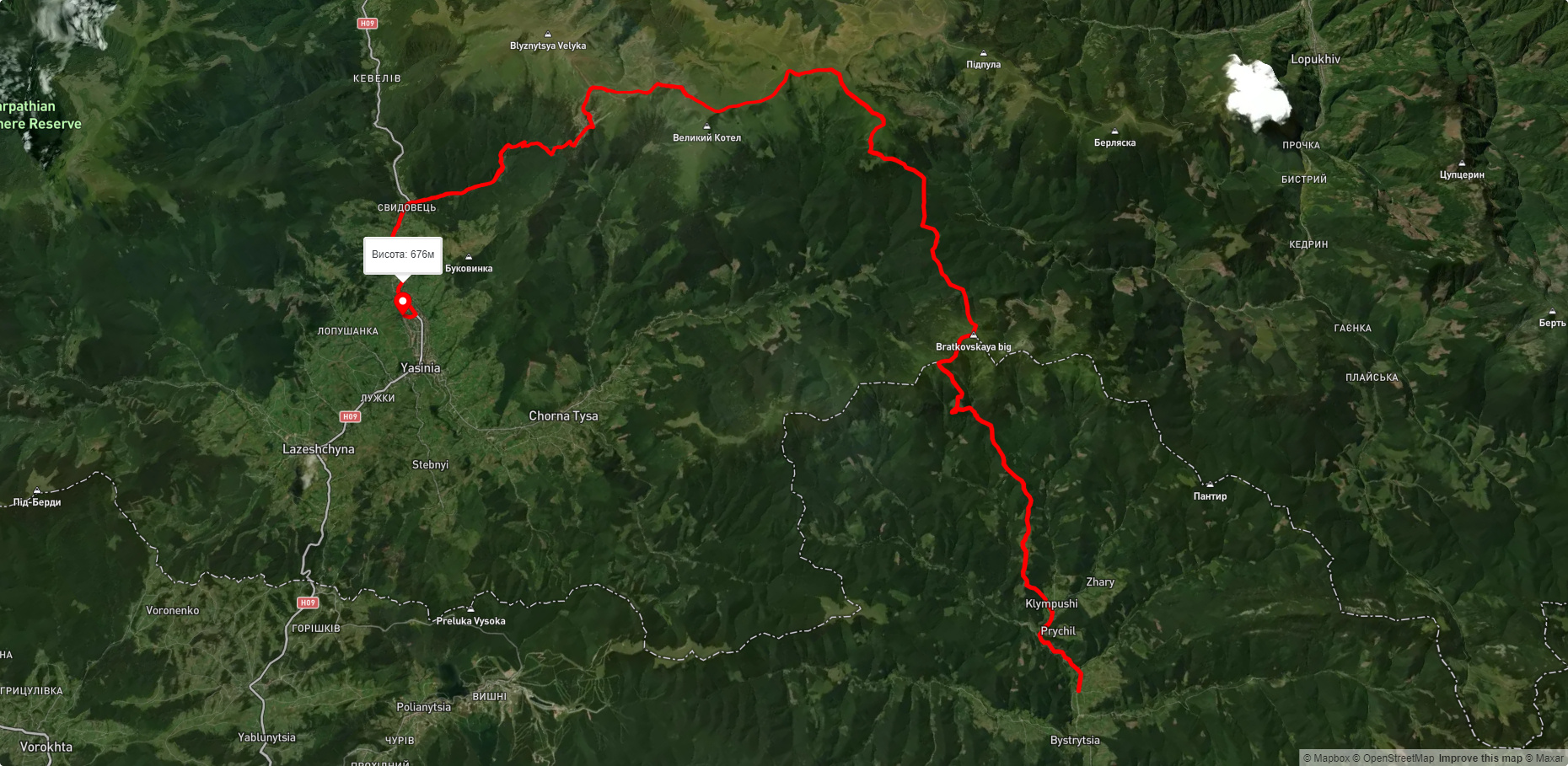 с. Бистриця, через г. Братківська, пер. Околе, хр. Свидовець, хр. Апшинець, Драгобрат до смт. Ясіня