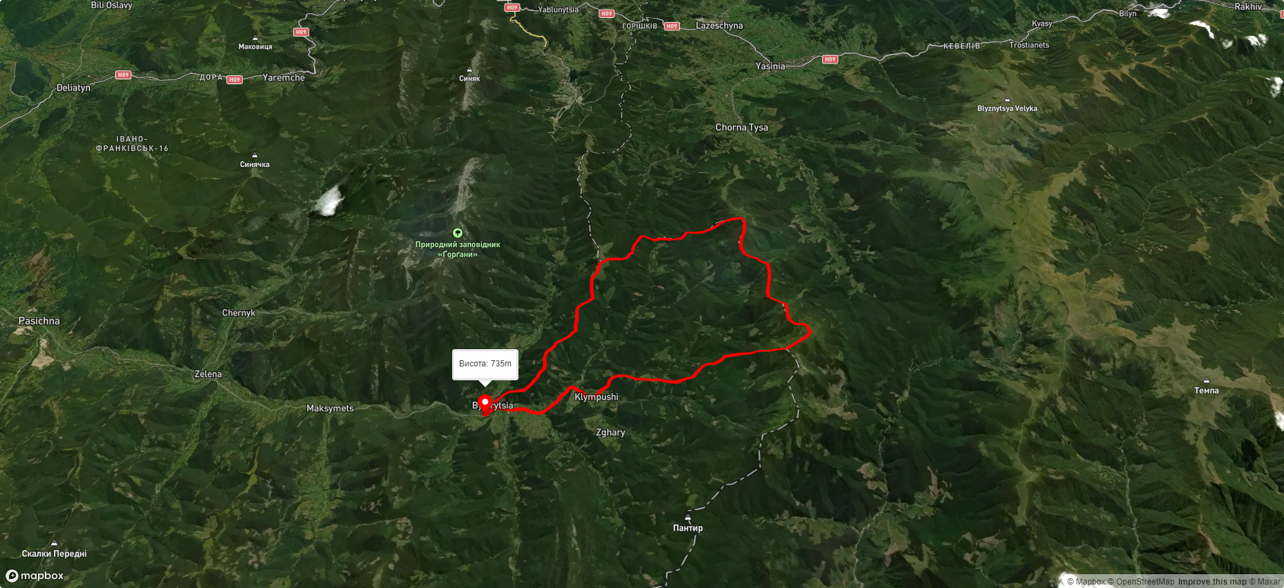 с. Бистриця, через г. Чорна Клева, г. Руська, г. Братківська до с. Бистриця