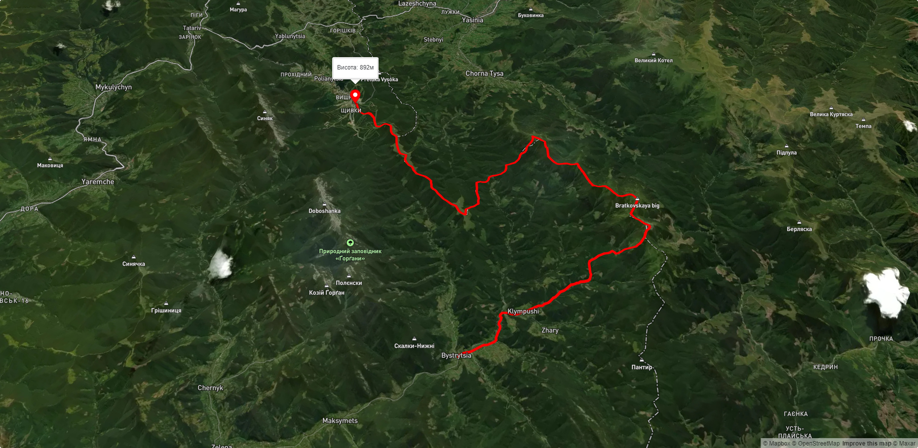 с. Бистриця, через г. Гропа, г. Братківська, г. Чорна Клева до с. Поляниця