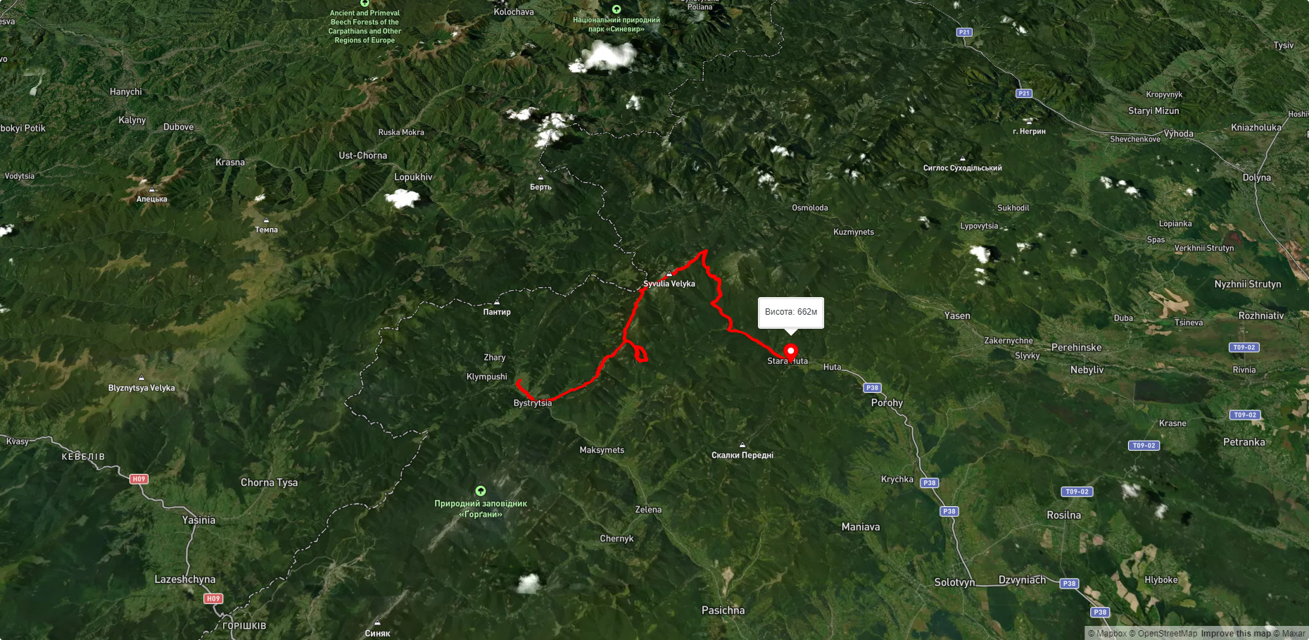 с. Бистриця, через г. Сивуля, г. Лопушна, г. Боревка до с. Стара Гута