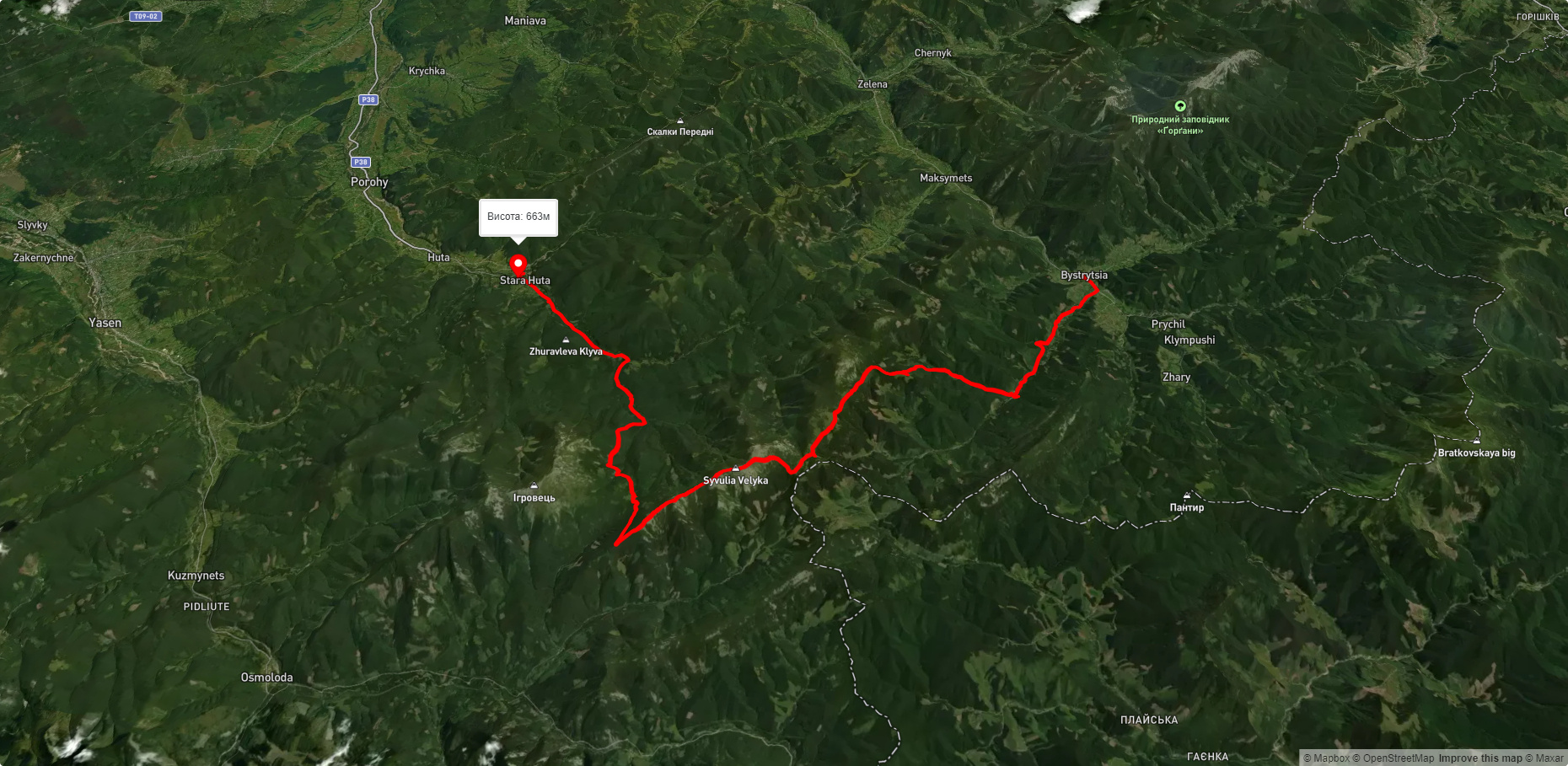 с. Бистриця, через г. Сивуля, г. Лопушна, г. Боревка до с. Стара Гута