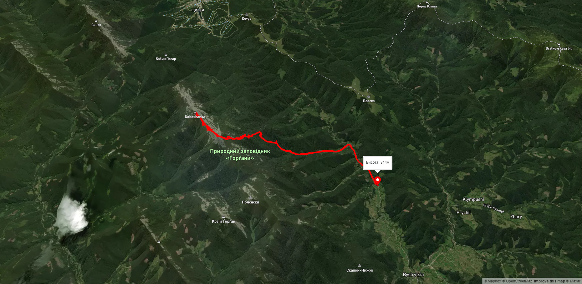 с. Бистриця, через г. Ведмежик, г. Довбушанка до с. Бистриця