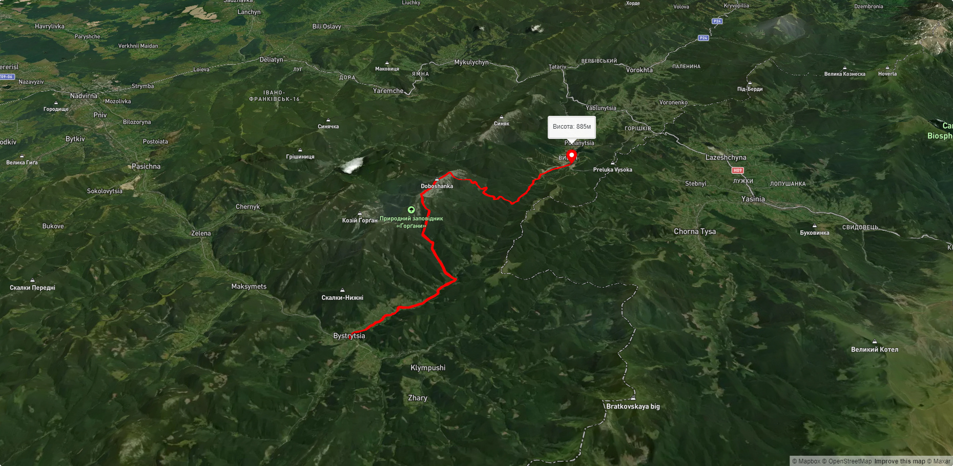 с. Бистриця, через г. Ведмежик, г. Довбушанка до с. Поляниця