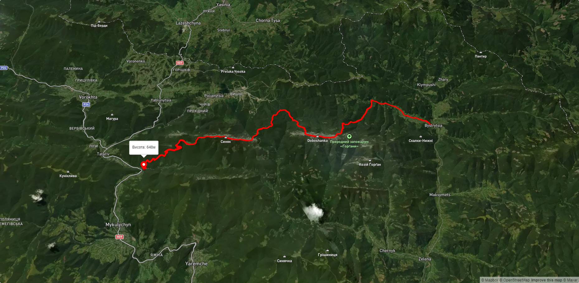 с. Бистриця, через г. Ведмежик, г. Довбушанка, г. Малий Горган, г. Синяк, пол. Хом'яків до ур. Женець