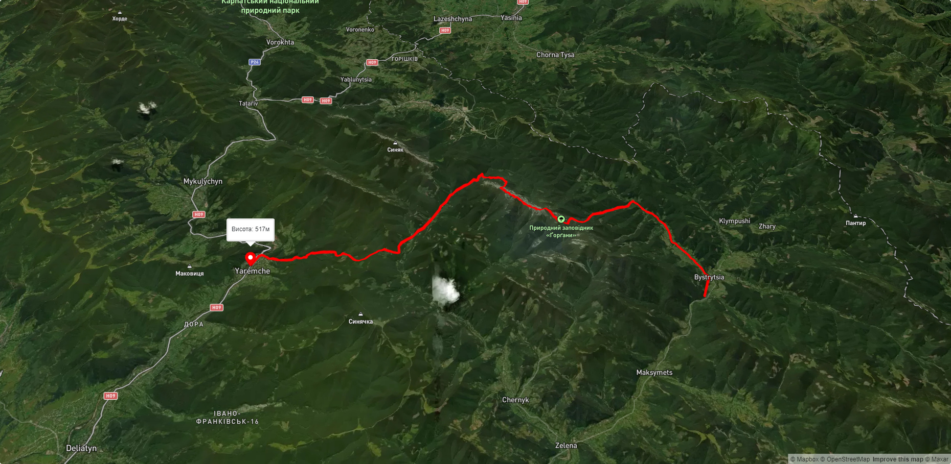 с. Бистриця, через г. Ведмежик, г. Довбушанка, вдсп. Дівочі Сльози до м. Яремче