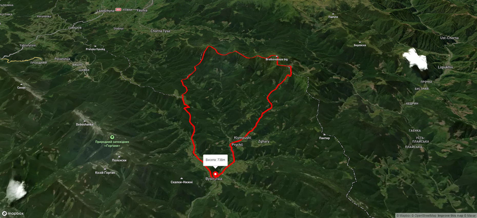 с. Бистриця, через с. Климпуші, г. Гропа, г. Братківська, г. Руська, г. Чорна Клева до с. Бистриця