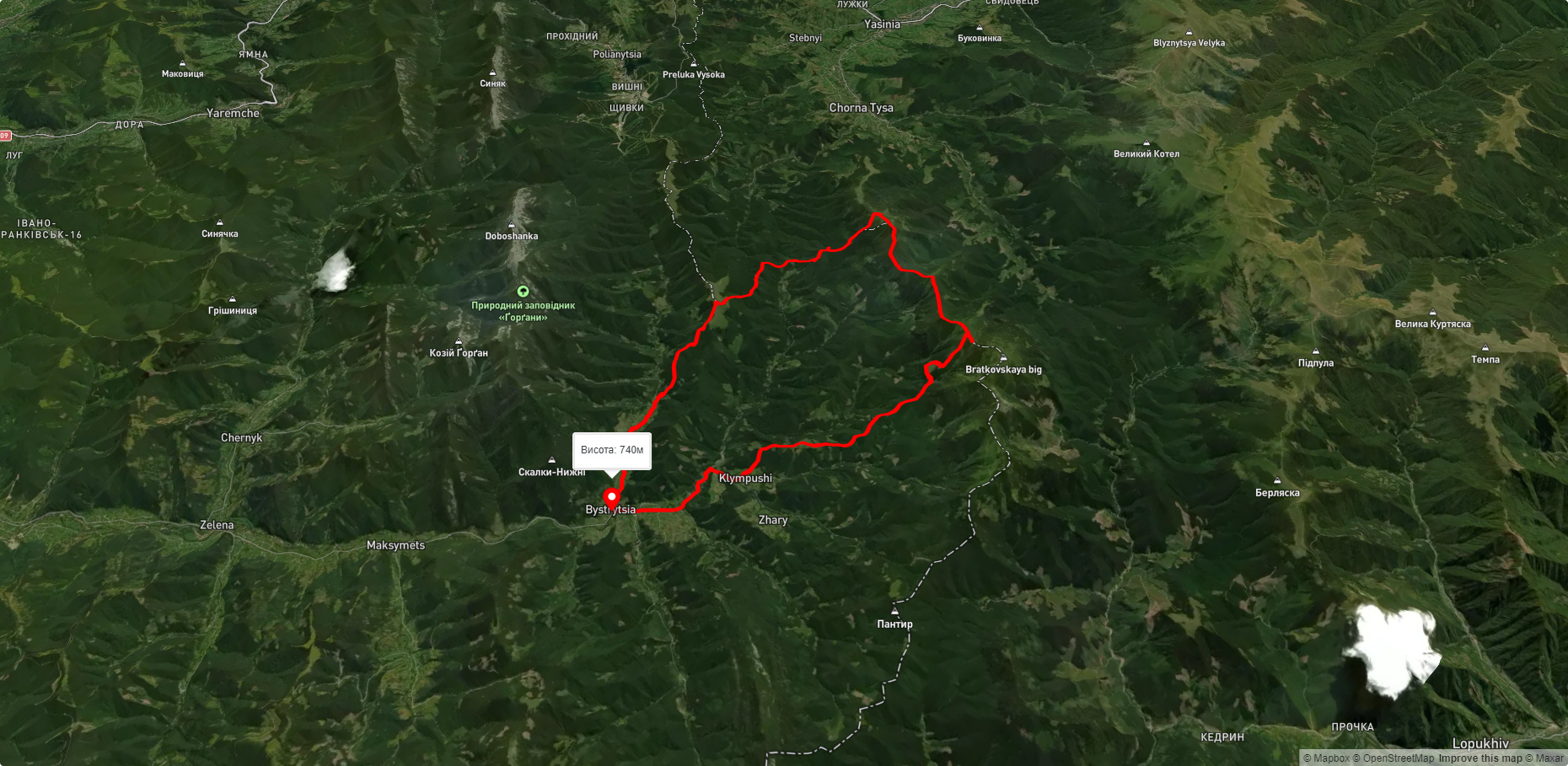 с. Бистриця, через с. Климпуші, г. Руська, г. Чорна Клева до с. Бистриця