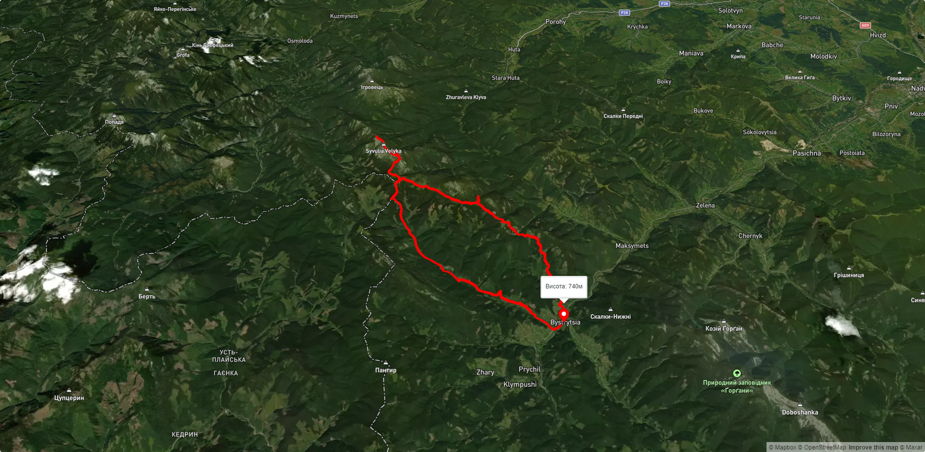 с. Бистриця, через ур. Пекло, г. Мала Сивуля, г. Велика Сивуля, пол. Рущина до с. Бистриця