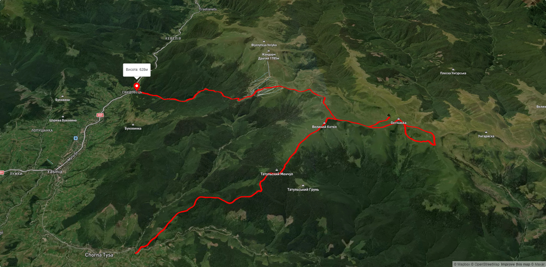 с. Чорна Тиса, через Драгобрат, оз. Ворожеська, оз. Догяска, оз. Апшинець, г. Стіг до с. Кваси