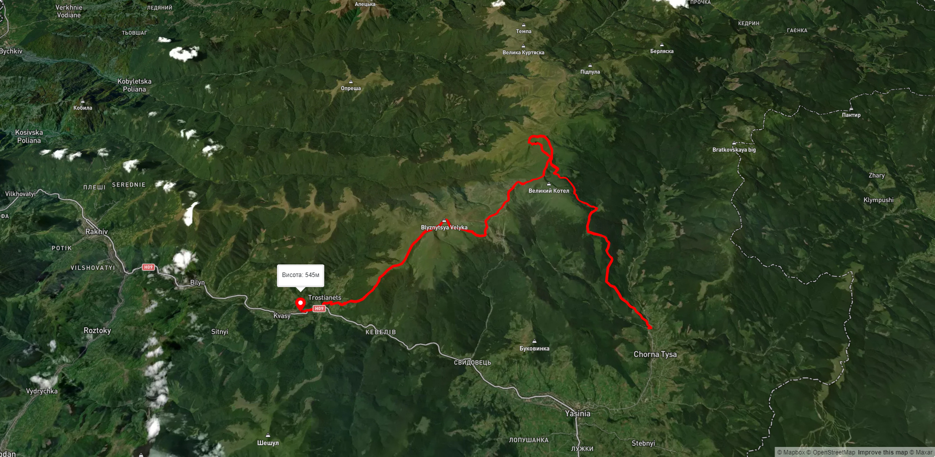 с. Чорна Тиса, через г. Догяска, г. Великий Котел, г. Близниця до с. Кваси