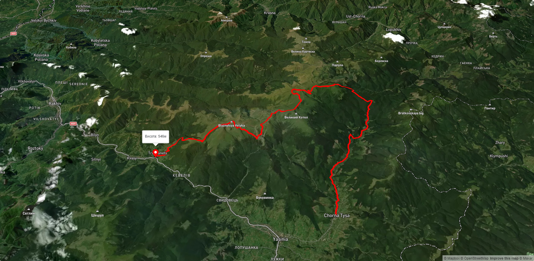 с. Чорна Тиса, через г. Татарука, г. Догяска, г. Близния до с. Кваси