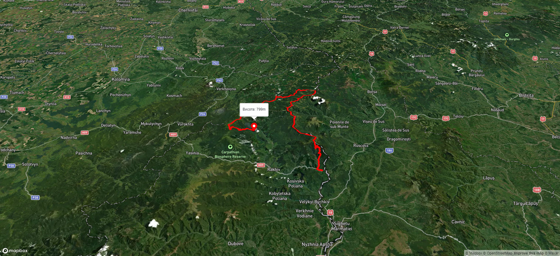 с. Ділове, через г. Піп Іван Мармароськй, г. Чивчин, с. Шибене, г. Піп Іван Чорногірський, г. Говерла до с. Говерла