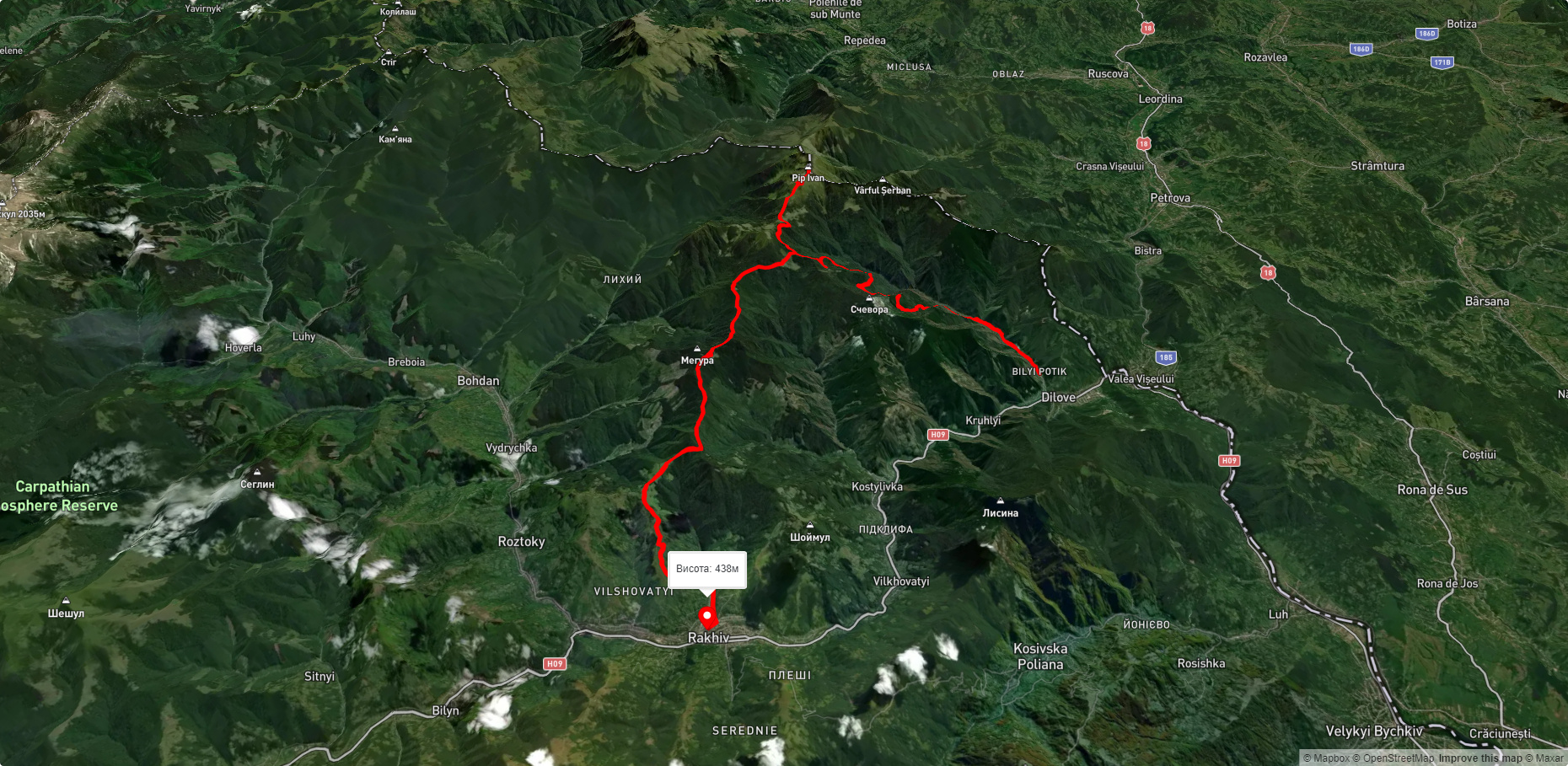 с. Ділове, через г. Піп Іван Мармароський до м. Рахів