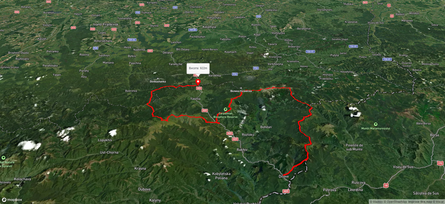 с. Ділове, через г. Піп Іван Мармароський, г. Говерла, г. Петрос, с. Кваси, г. Близниця, г. Руська до с. Яблуниця