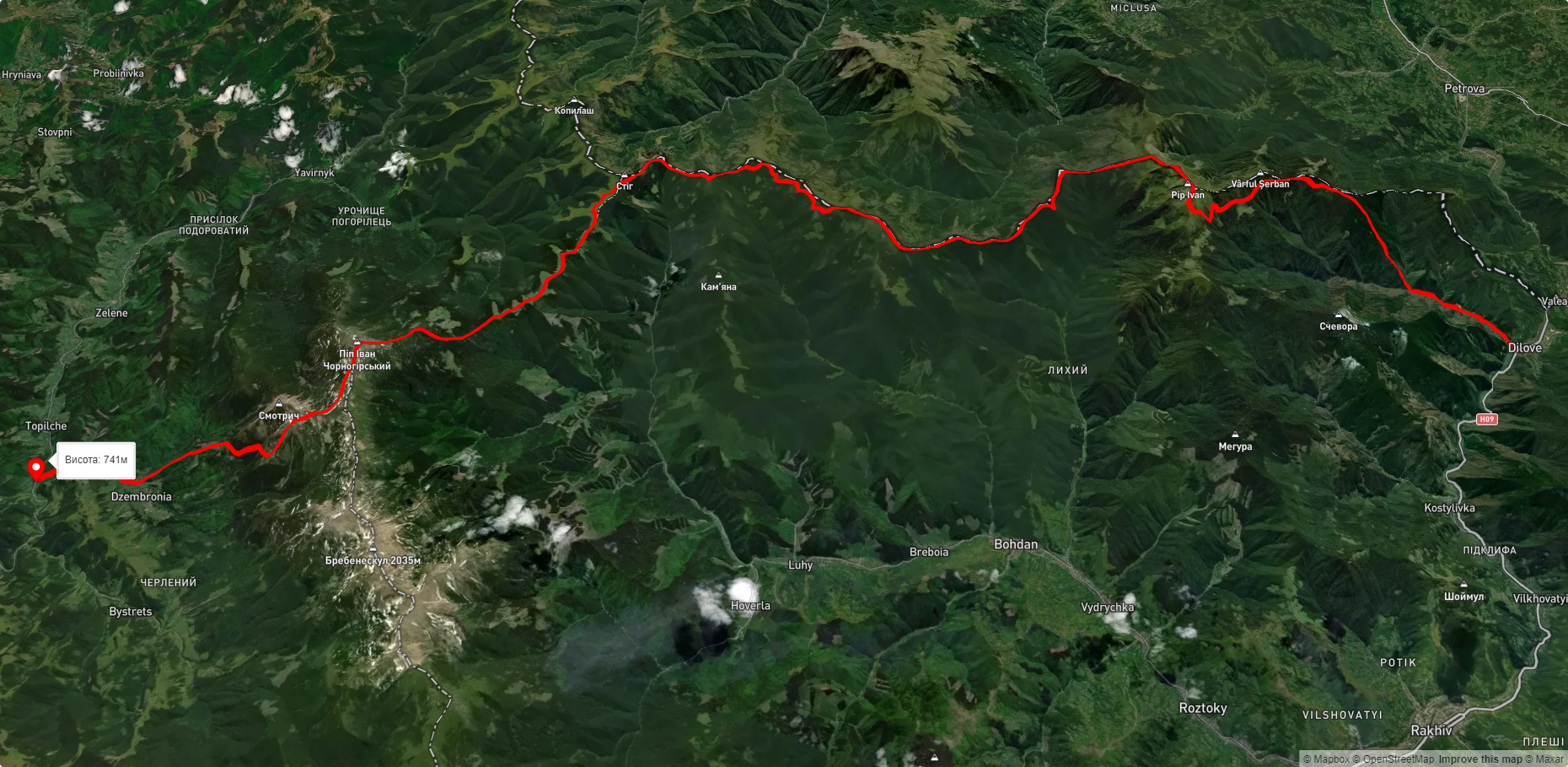 с. Ділове, через г. Піп Іван Мармароський, г. Міка-Маре, г. Піп Іван Чорногірський до с. Бистрець